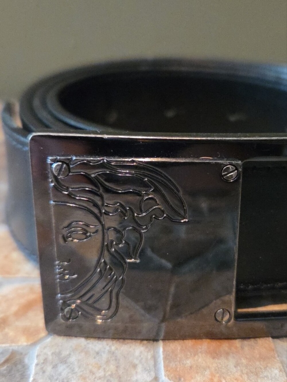 Versace Black Leather MEN'S Belt with Matte Silver Medusa Plate, Size 32 Waist